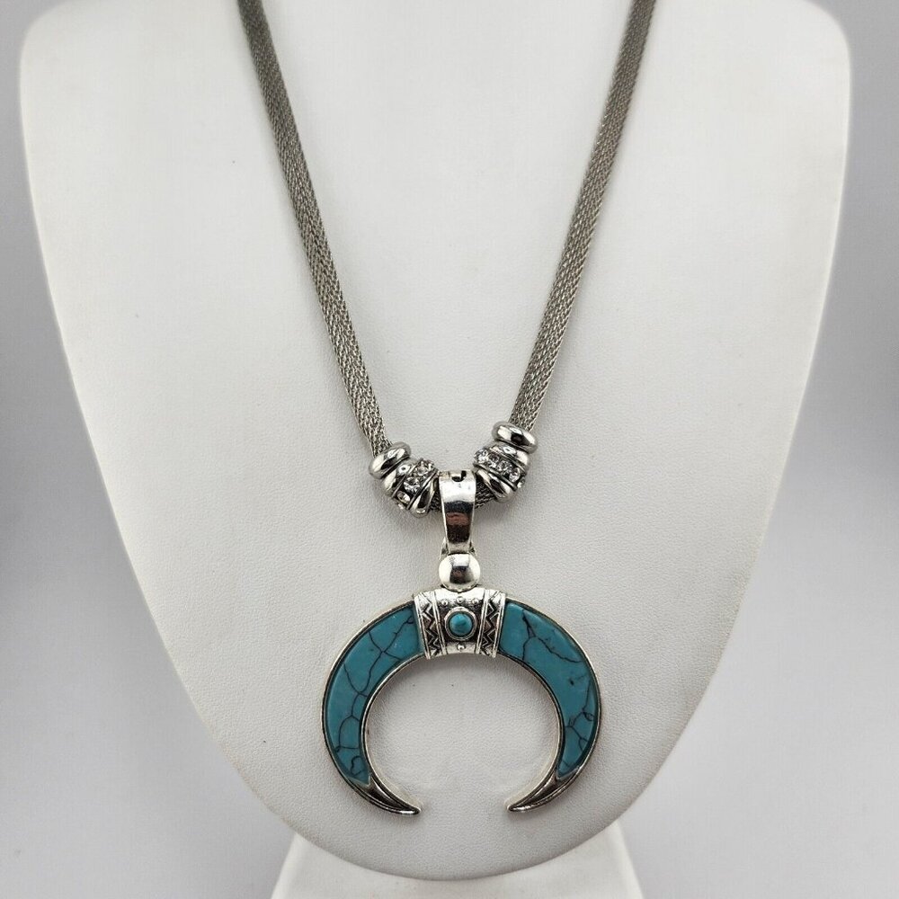 Faux Turquoise Naja Cresent Moon Pendant Mesh Chain Necklace